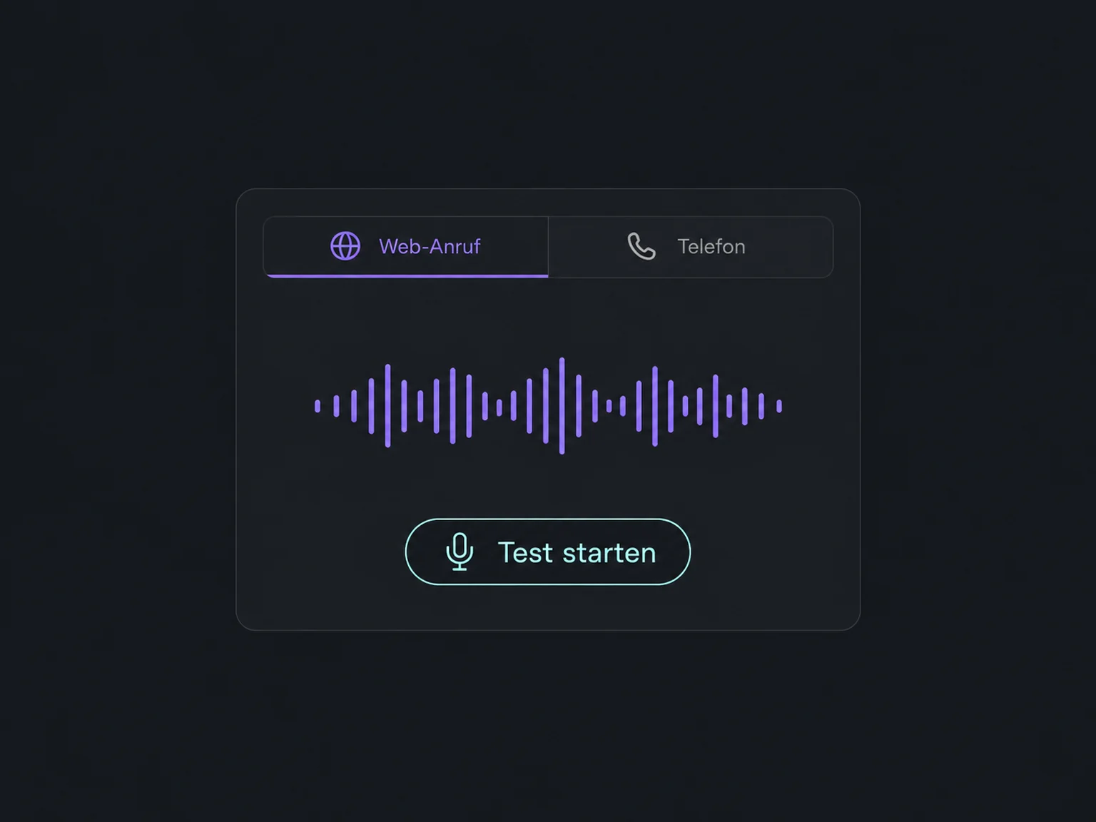 A compact test area shows web-call and phone modes, a waveform and a start button.