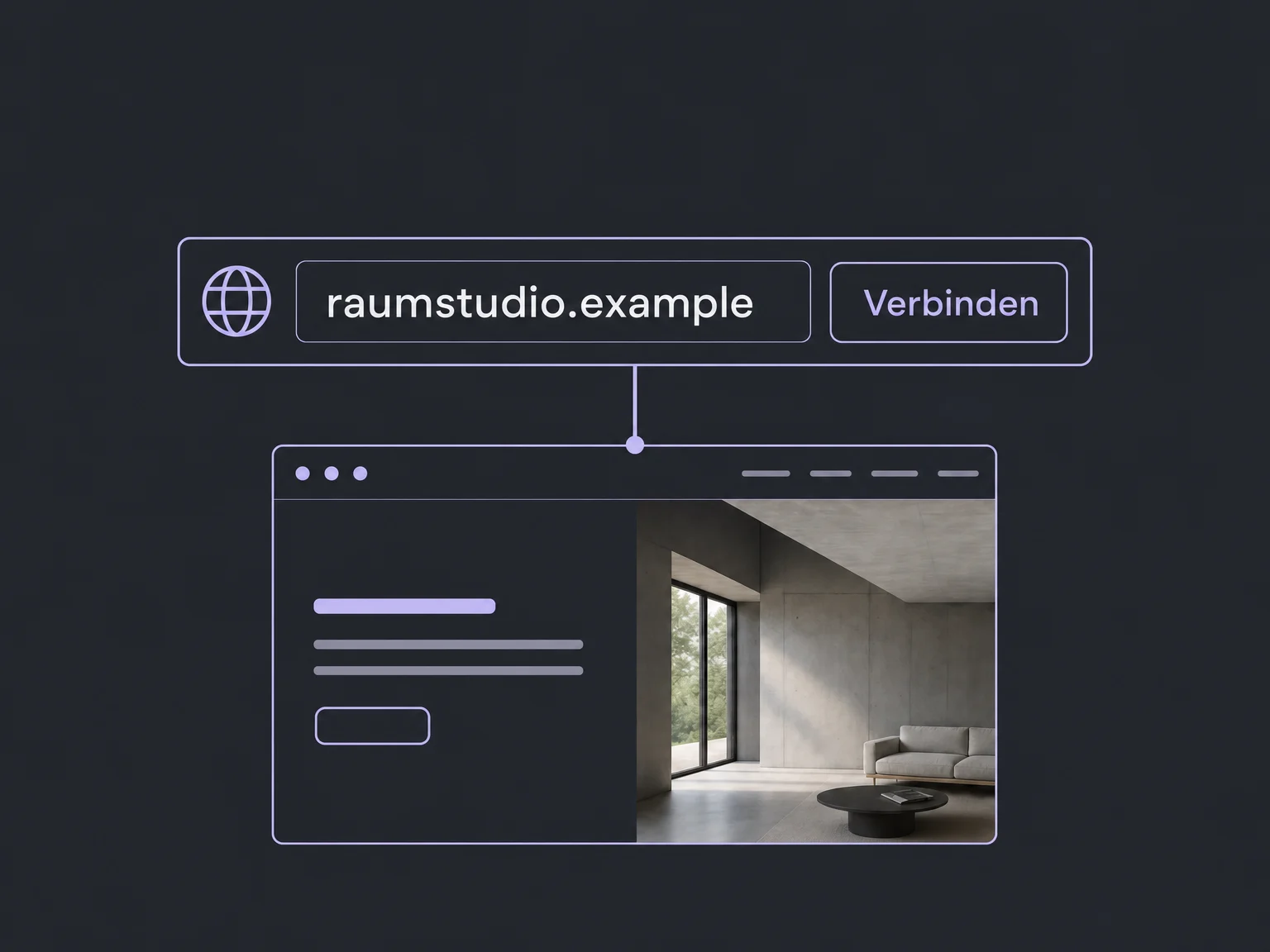Beispiel einer Domain-Verbindung mit raumstudio.example und einer Website-Vorschau.