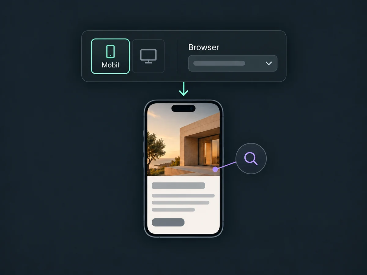 Geräte- und Browserfilter führen zu einer gezielt zu prüfenden Smartphone-Ansicht.