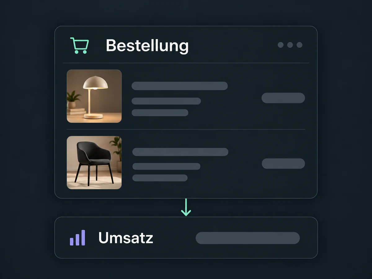 Lampe und Stuhl gehören zu derselben Bestellung; darunter steht eine separate Umsatzübersicht.