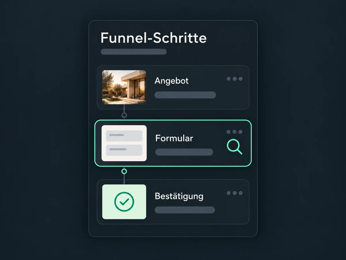Angebot, Formular und Bestätigung werden einzeln ausgewertet; der Formularschritt ist zur Prüfung ausgewählt.