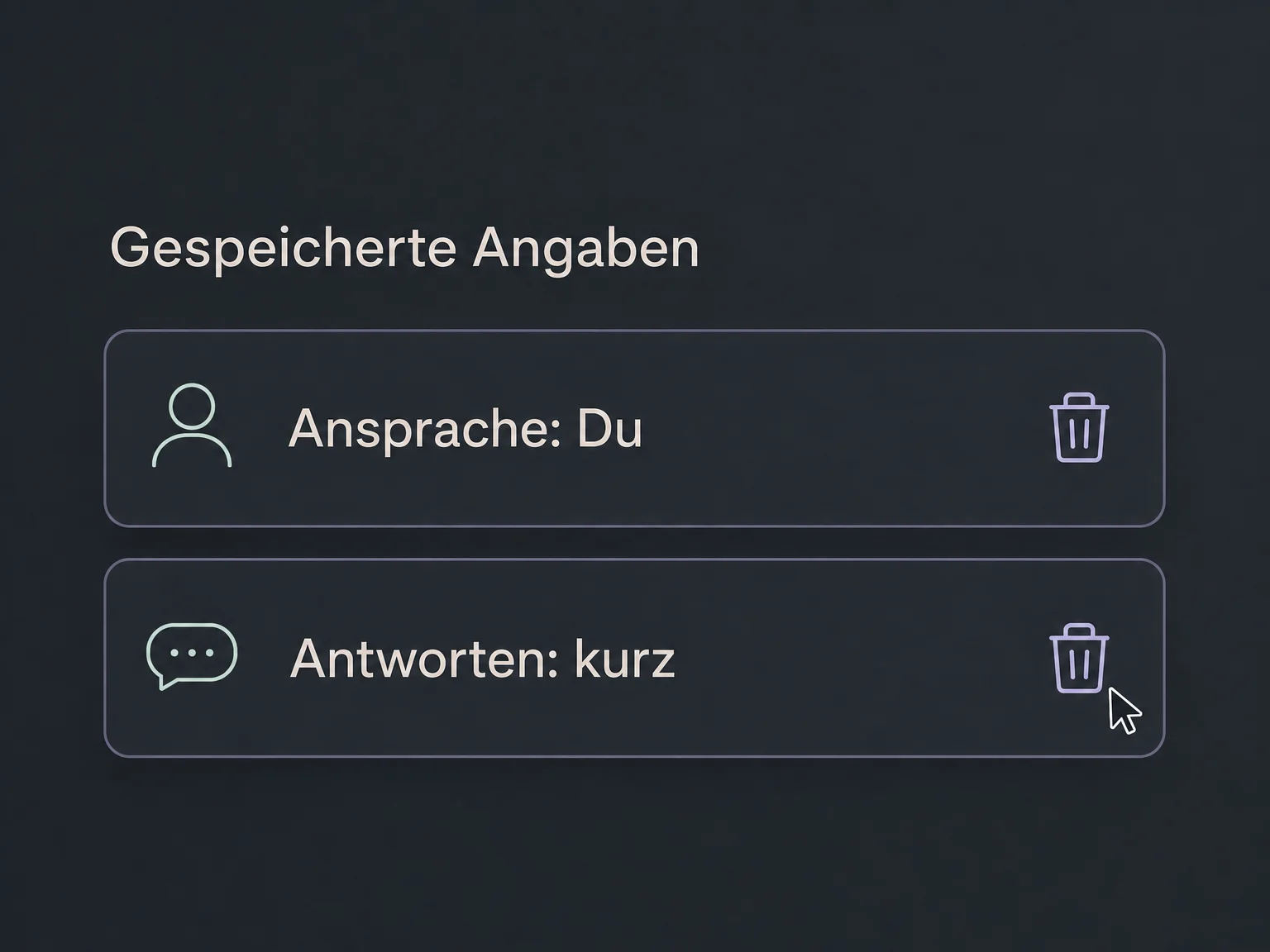 Gespeicherte Angaben zur Ansprache und Antwortlänge lassen sich im Kontextverzeichnis prüfen und löschen.