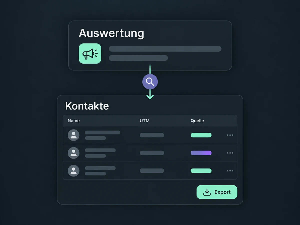 Eine Auswertung führt zu einzelnen Kontaktzeilen mit UTM-Details und einer Exportaktion.