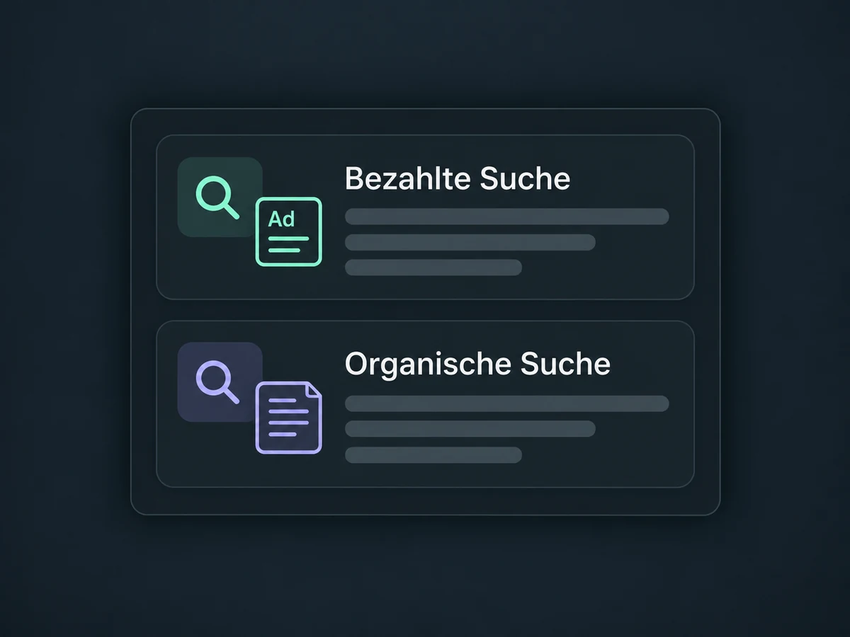 Die Herkunftsübersicht unterscheidet bezahlte Suche und organische Suche in getrennten Zeilen.