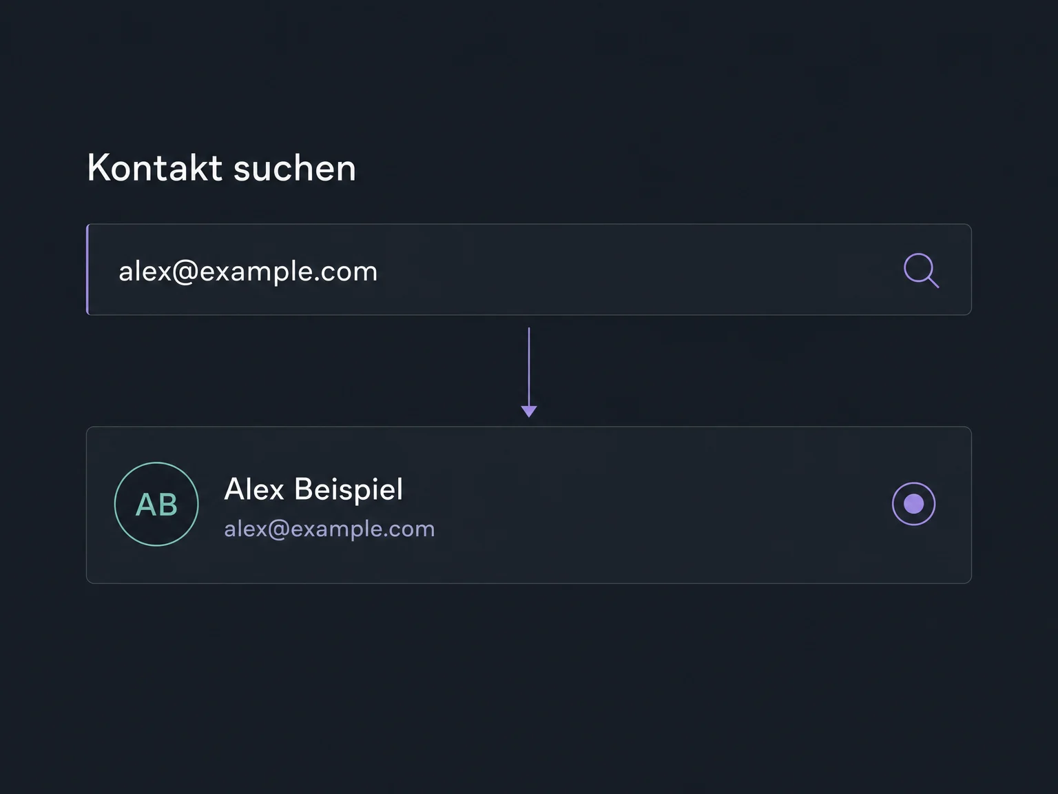 Die Suche nach alex@example.com liefert den ausgewählten Kontakt Alex Beispiel.
