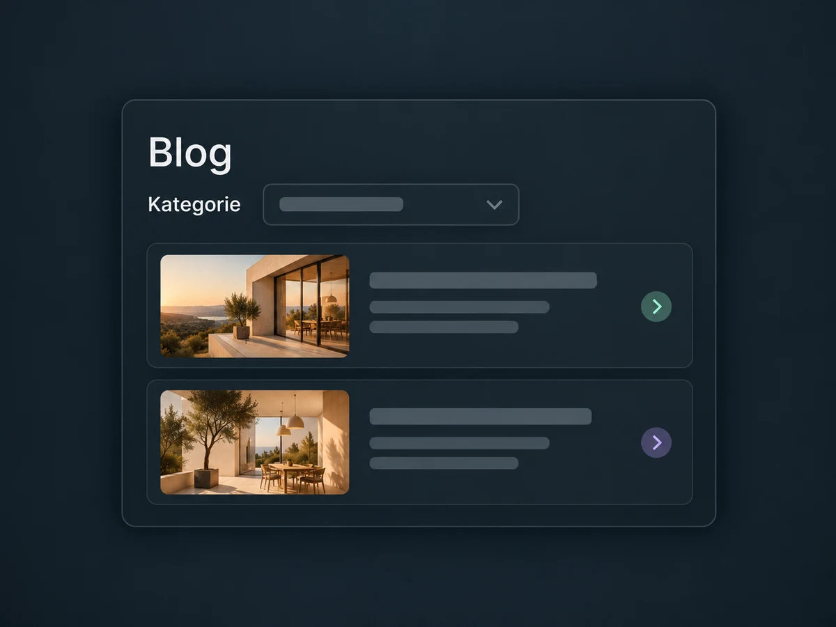 Eine Blog-Beitragsliste zeigt zwei Artikel mit Bild und einem wählbaren Kategoriefilter.