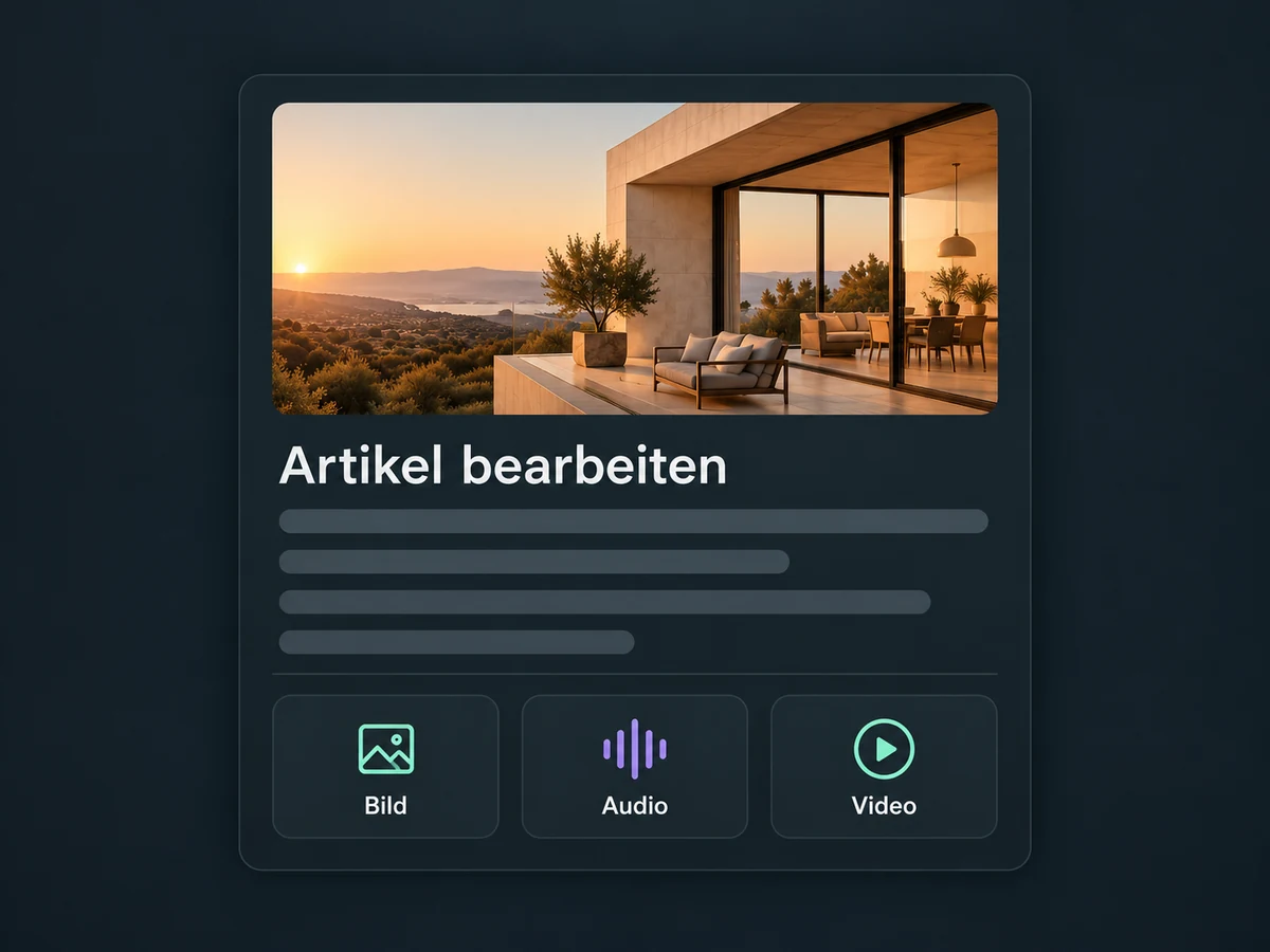 Ein Artikel mit Architekturbild bietet separate Bedienelemente für Bild, Audio und Video.