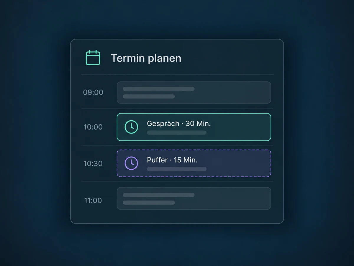 Nach dem Gespräch sind im Beispiel 15 Minuten Puffer vorgesehen.