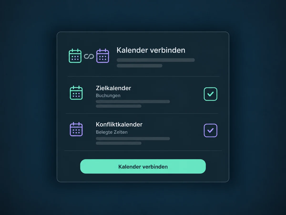 Zielkalender für neue Buchungen und Konfliktkalender für belegte Zeiten sind getrennt ausgewählt.