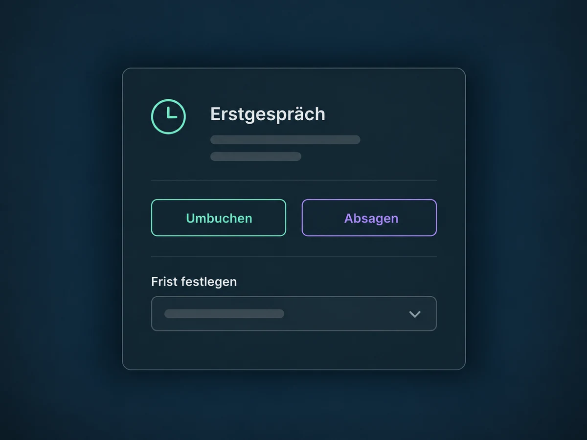 Ein Termin bietet aktivierte Links zum Umbuchen und Absagen mit einer einstellbaren Frist.