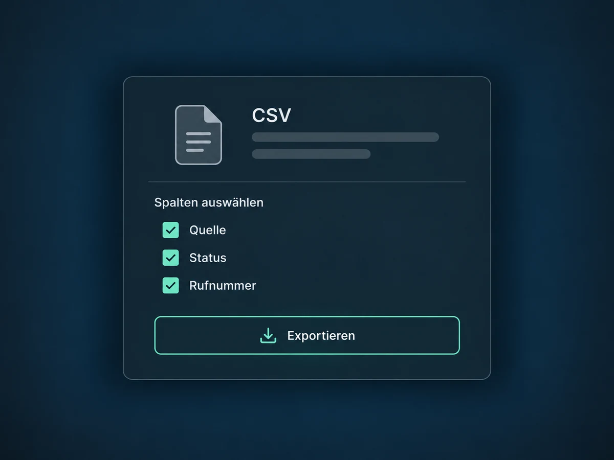 Der CSV-Export enthält die ausgewählten Spalten Quelle, Status und Rufnummer.