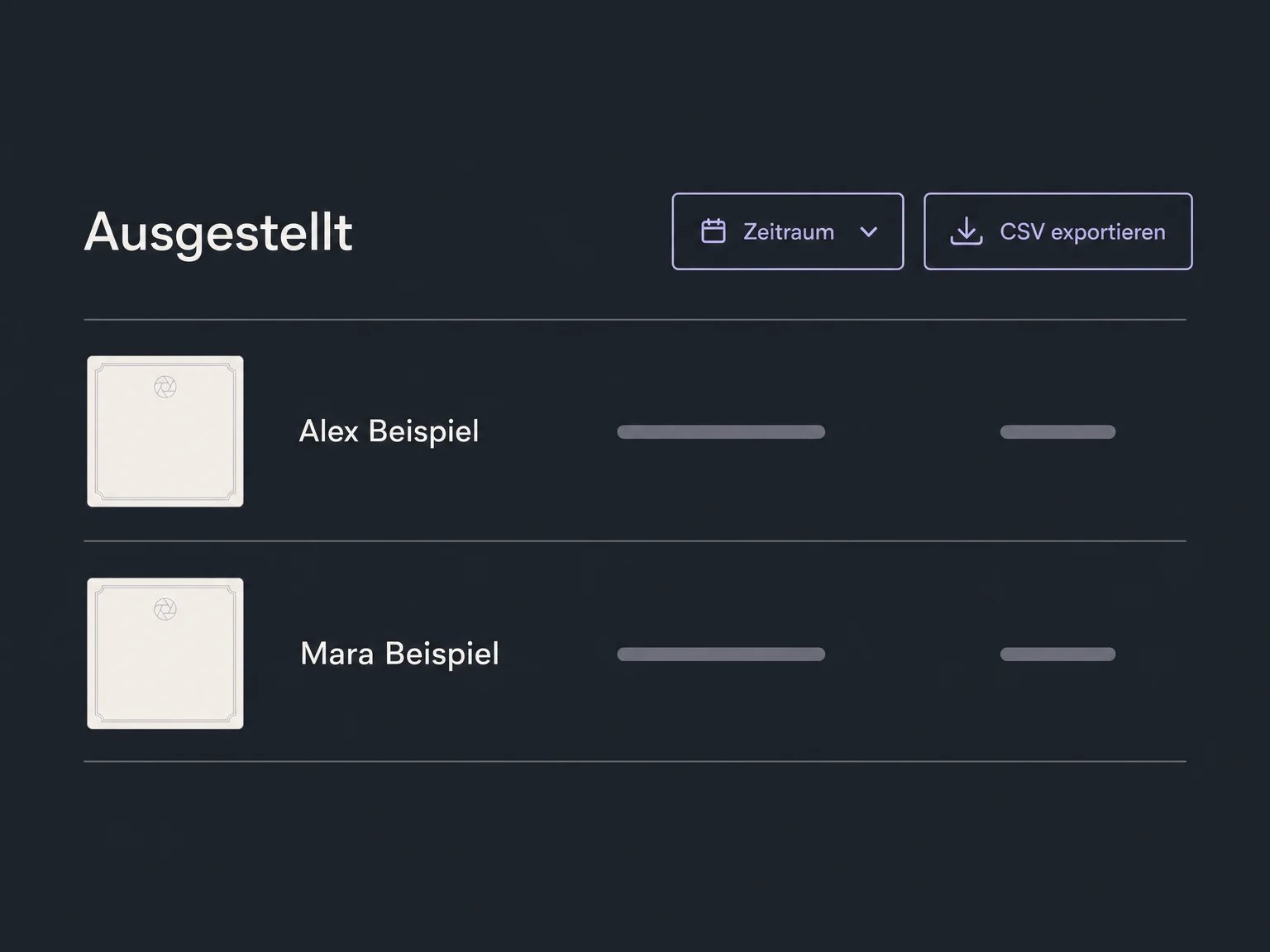 Die Liste ausgestellter Nachweise mit ausgewähltem Zeitraum bietet einen CSV-Export an.
