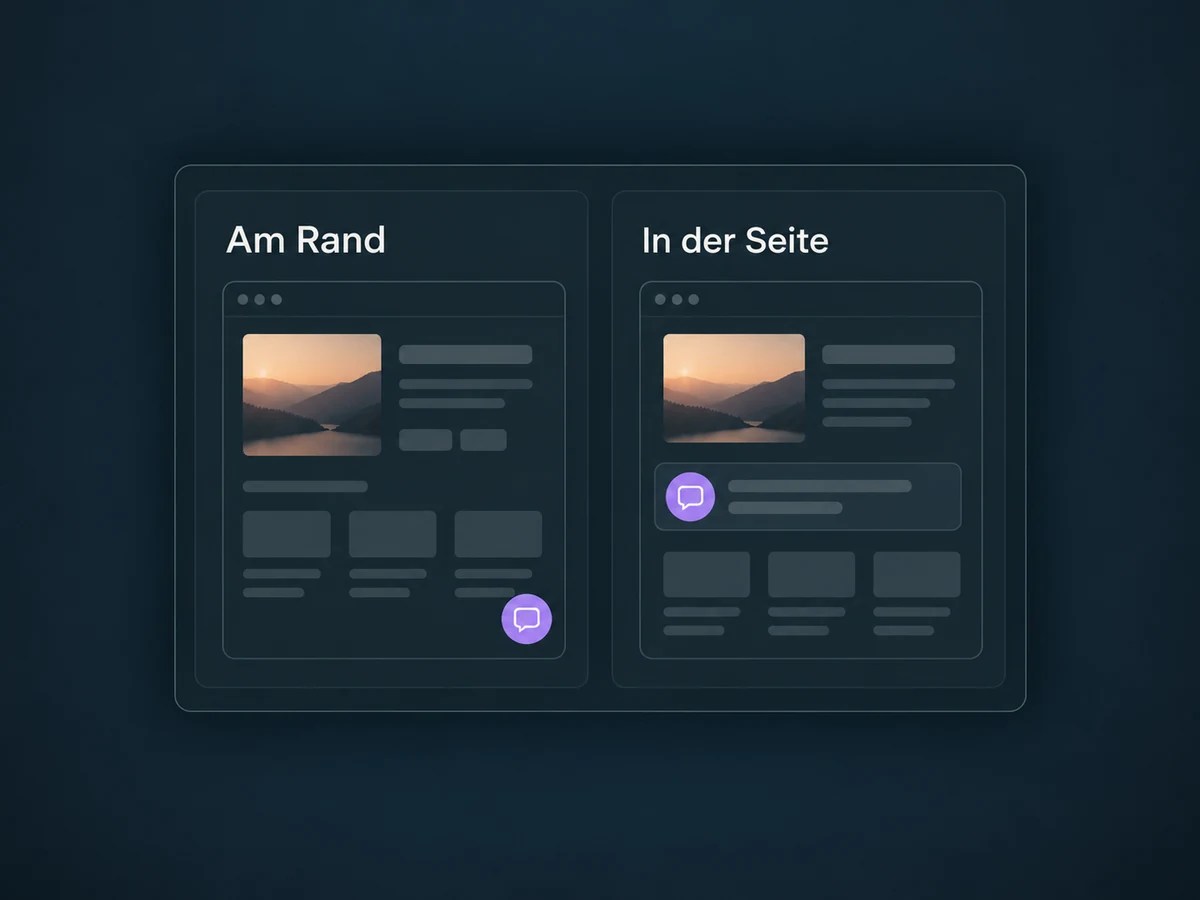 Zwei Seitenvorschauen zeigen den Chat am Bildschirmrand und direkt im Seiteninhalt.