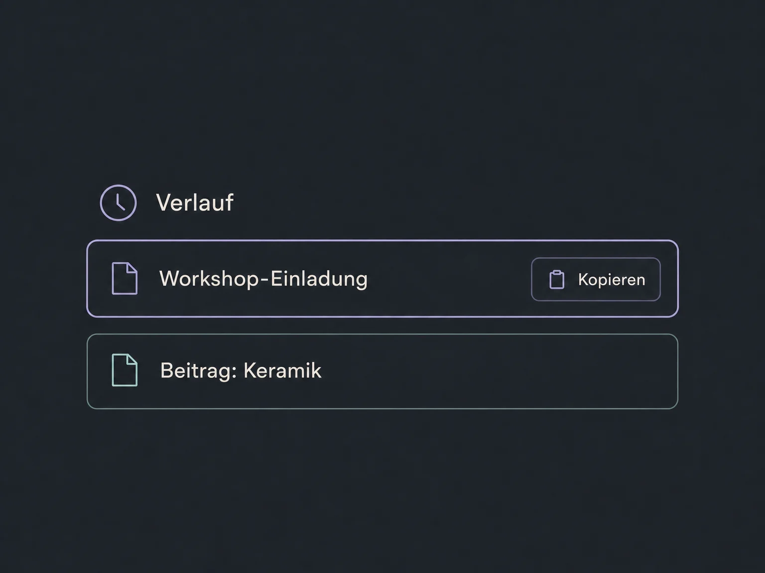 Der Verlauf zeigt zwei frühere Entwürfe und eine Kopieraktion für den ausgewählten Eintrag.