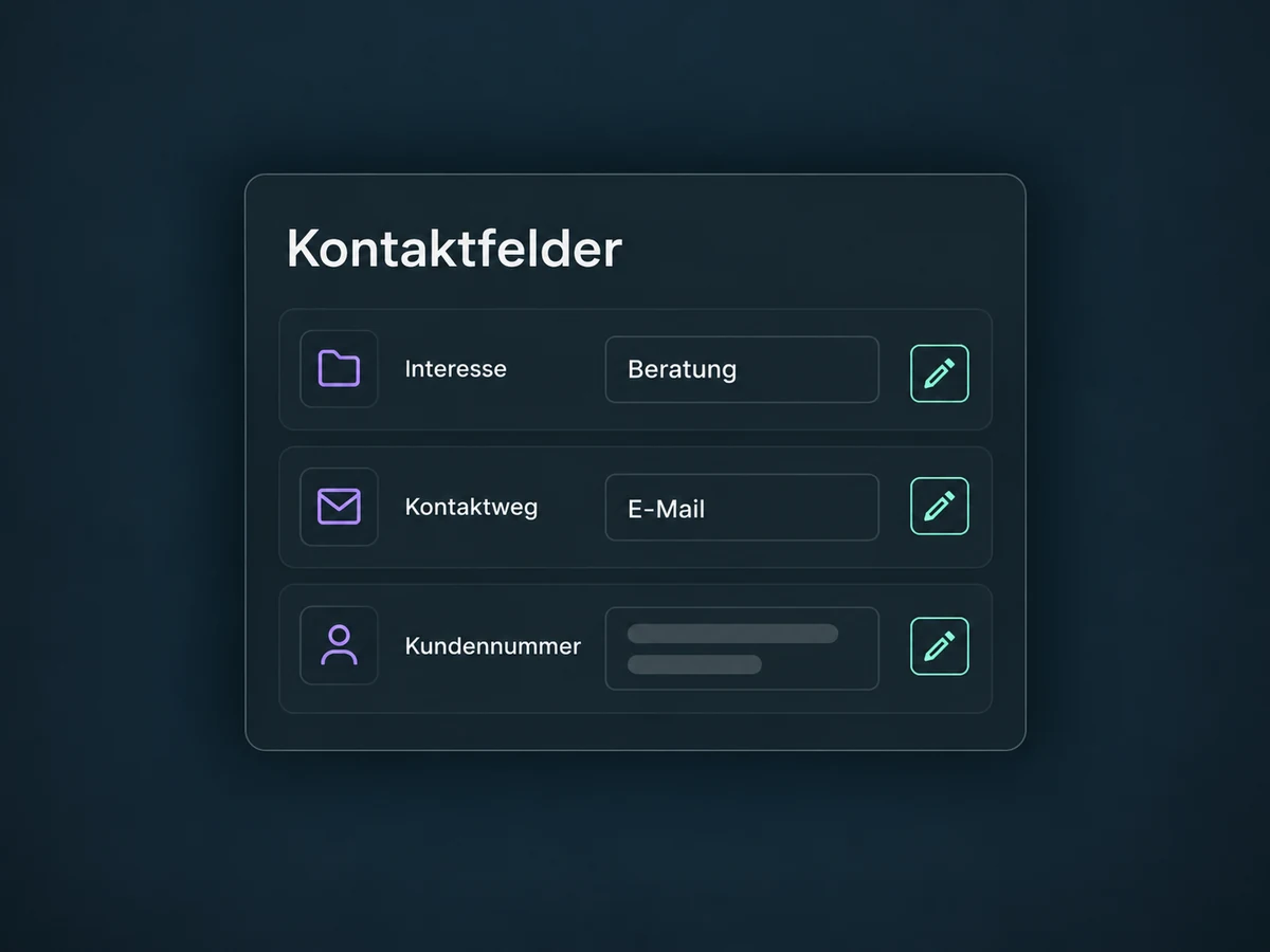 Eigene Kontaktfelder sammeln Interesse, bevorzugten Kontaktweg und Kundennummer.