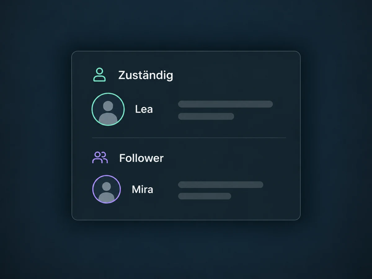 Lea ist als zuständige Person eingetragen; Mira verfolgt den Kontakt zusätzlich als Follower.