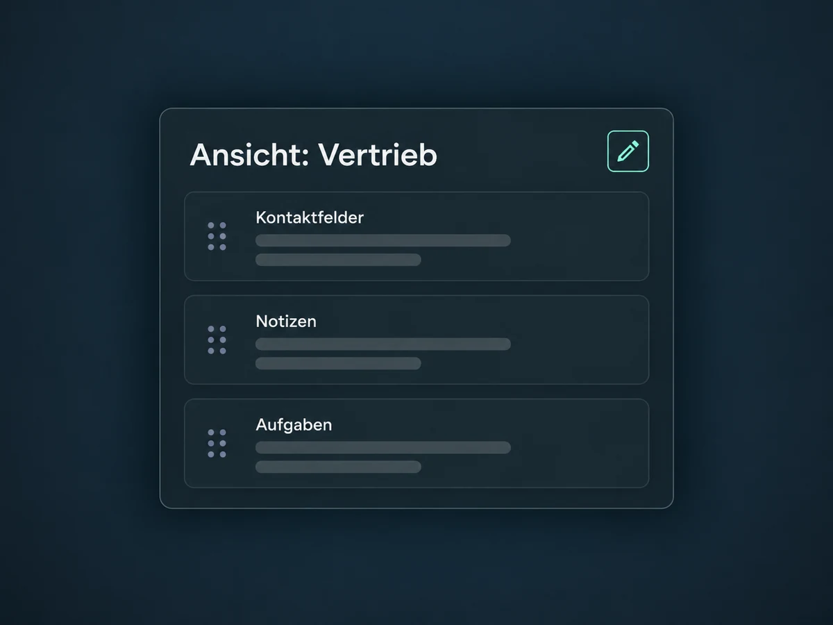 Eine Vertriebsansicht ordnet Kontaktfelder, Notizen und Aufgaben in passenden Bereichen.