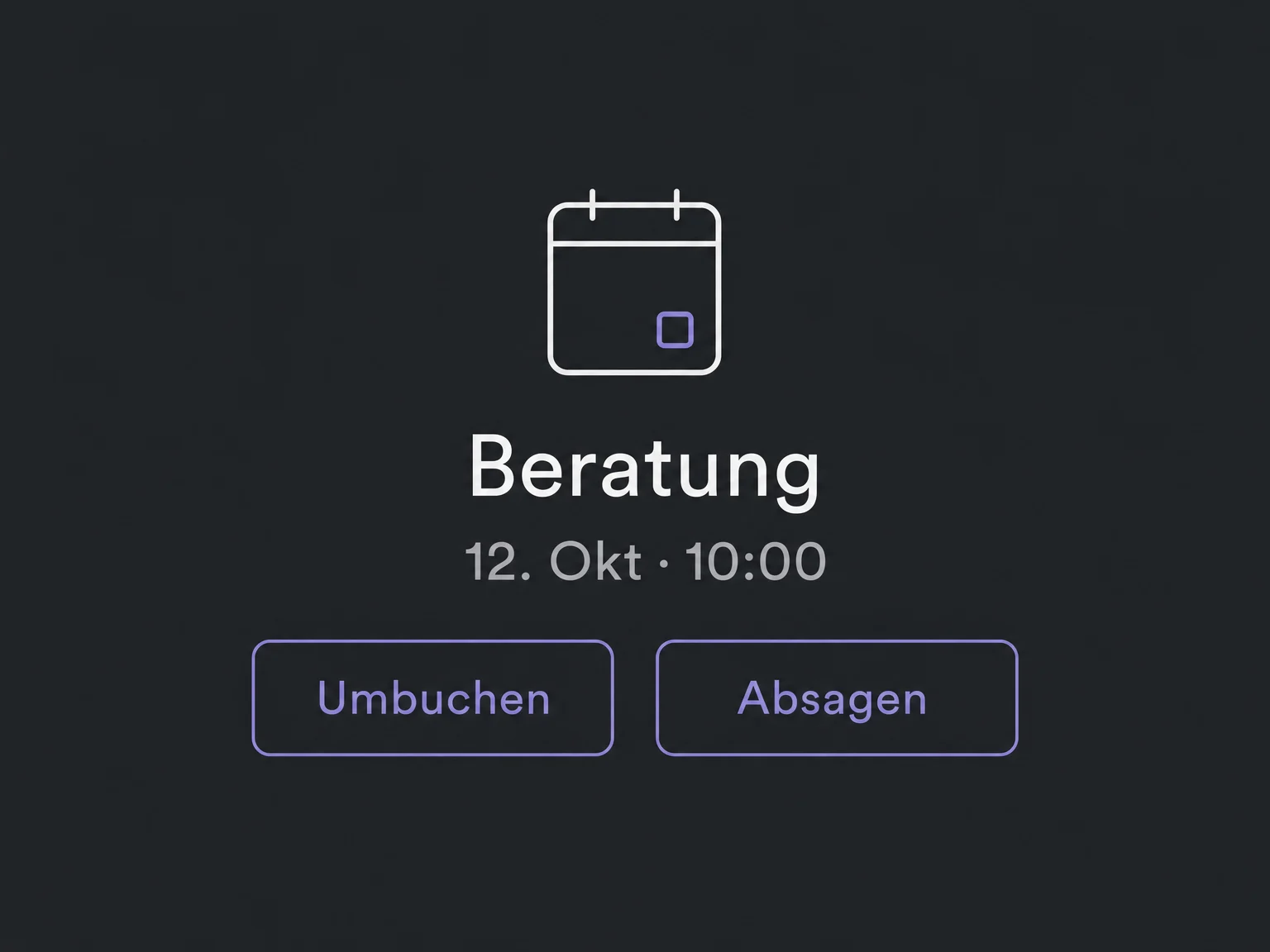 Ein Beispieltermin im Kundenportal bietet Umbuchen und Absagen als mögliche Aktionen.