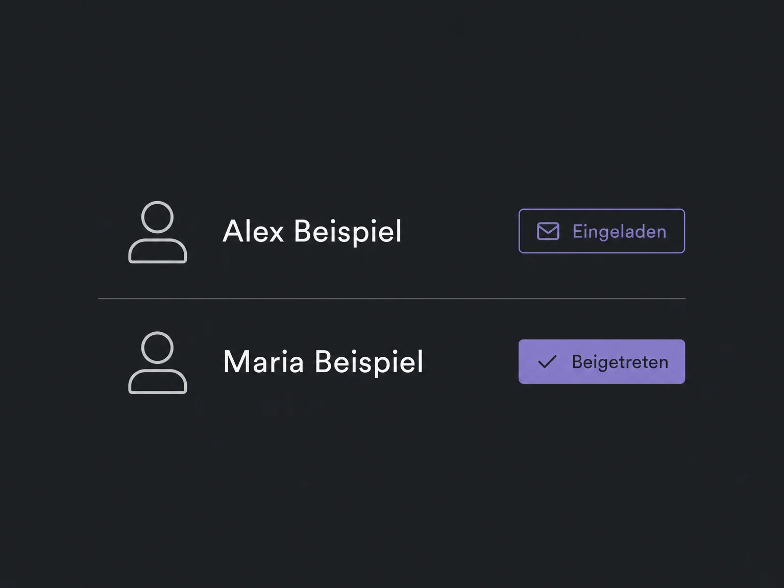 Zwei fiktive Kontakte zeigen getrennt die Status Eingeladen und Beigetreten.