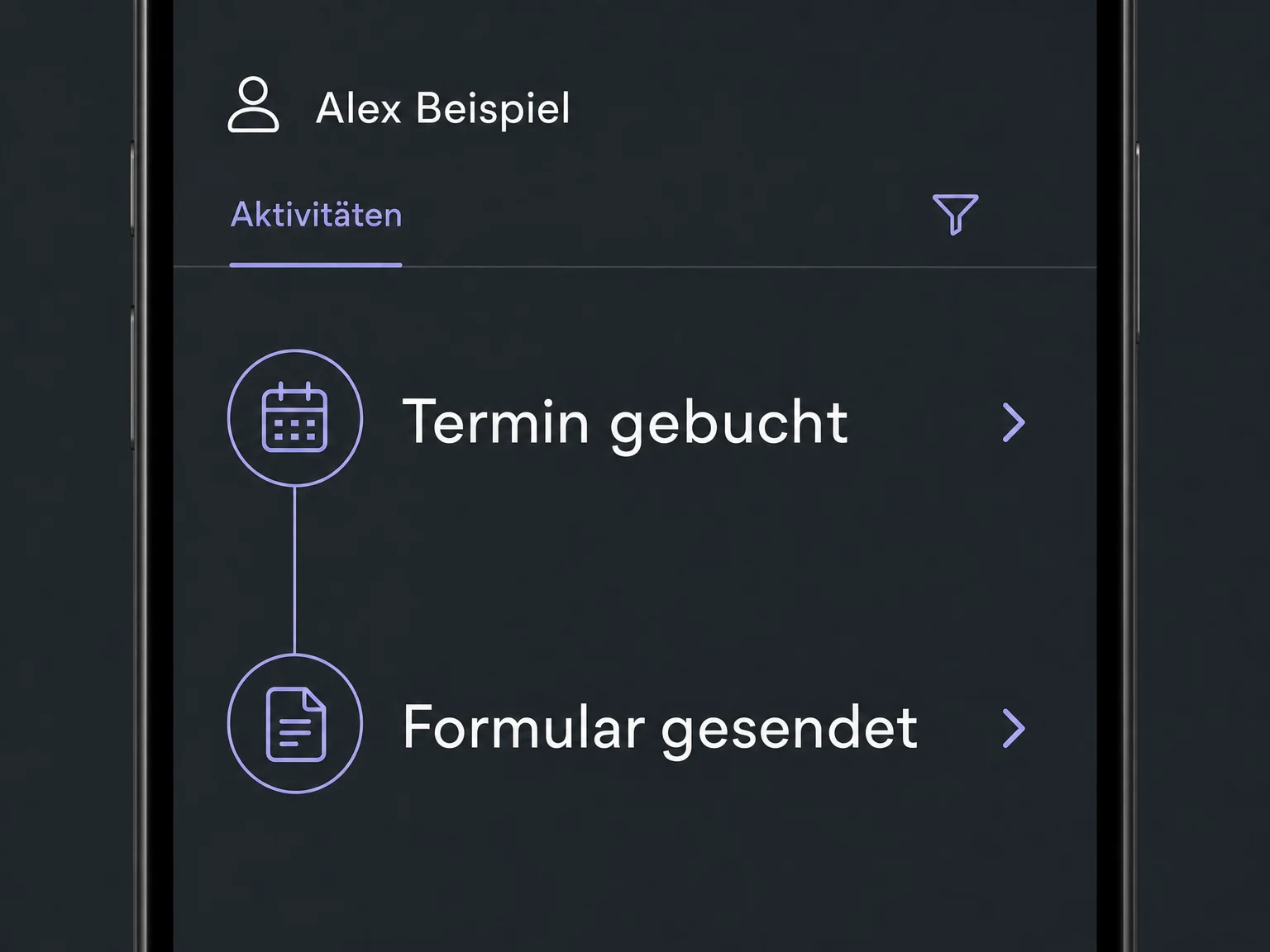 Eine mobile Kontaktansicht zeigt erfasste Termin- und Formularaktivitäten.