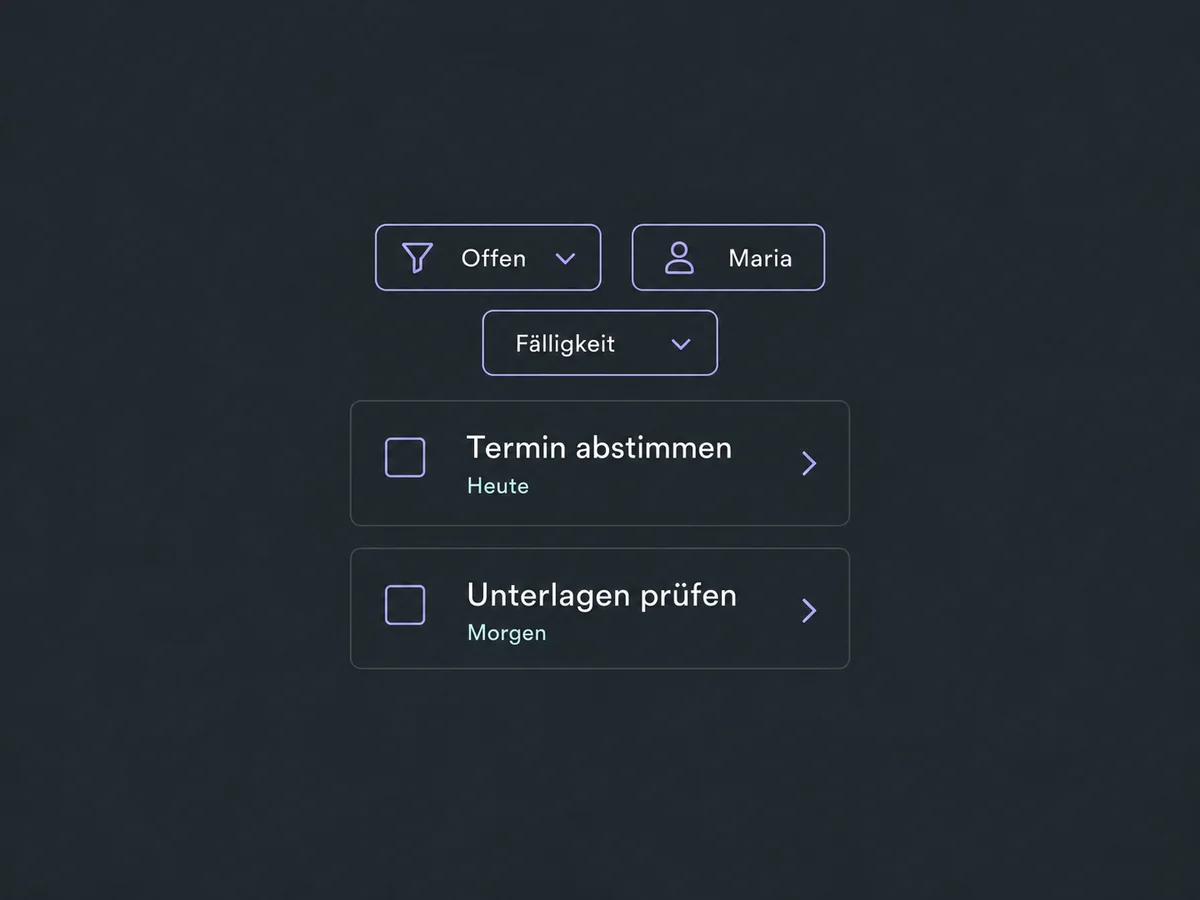 Die Aufgabenliste zeigt offene Aufgaben für Maria mit sichtbarer Fälligkeit.