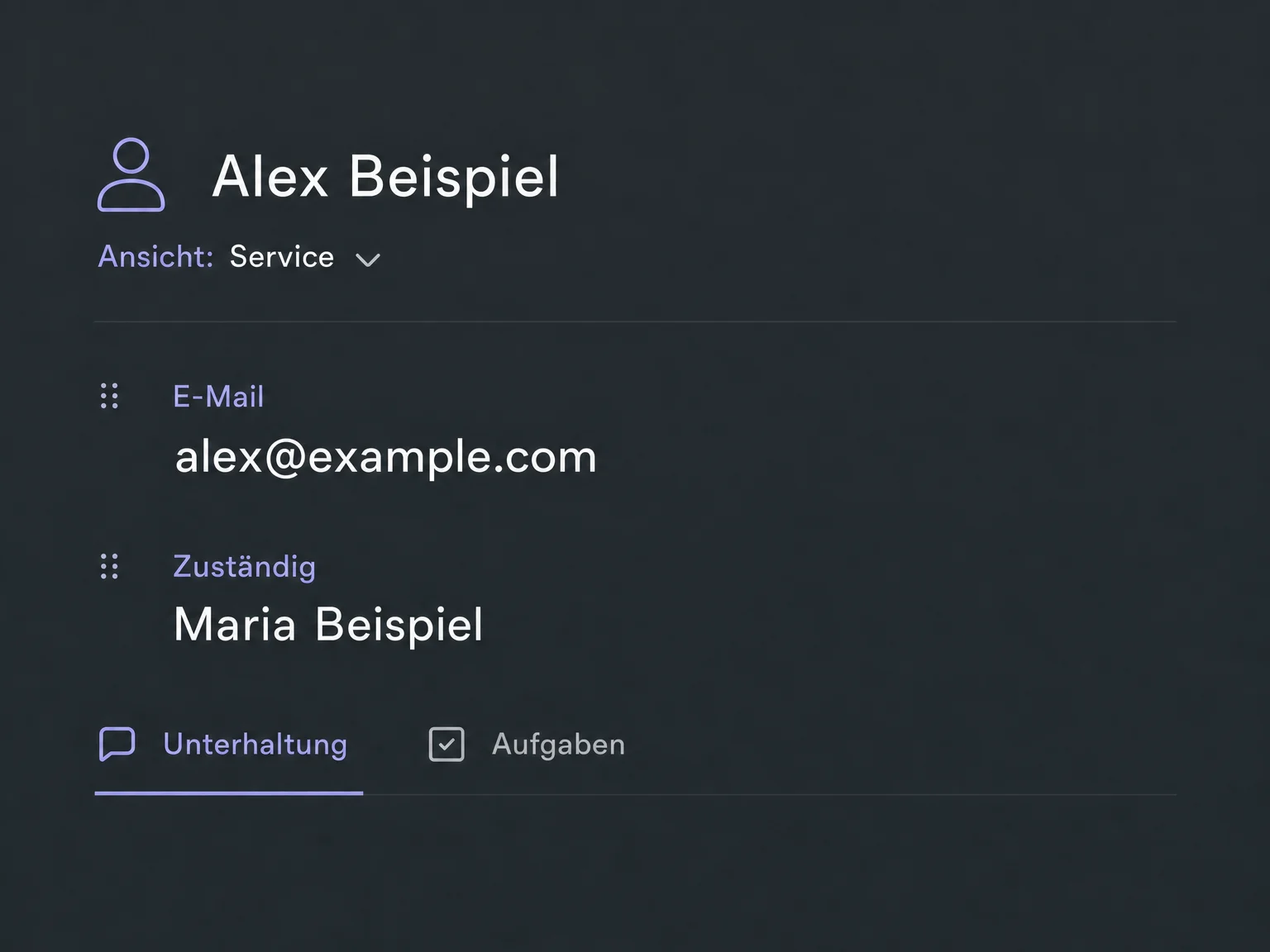 Eine vereinfachte Service-Kontaktansicht hebt E-Mail und Zuständigkeit hervor.