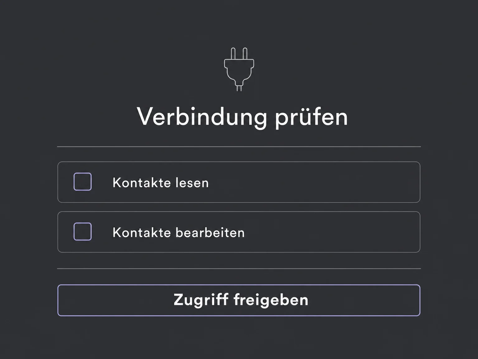 Eine Verbindung zeigt angefragte Rechte zum Lesen und Bearbeiten von Kontakten vor der Freigabe.