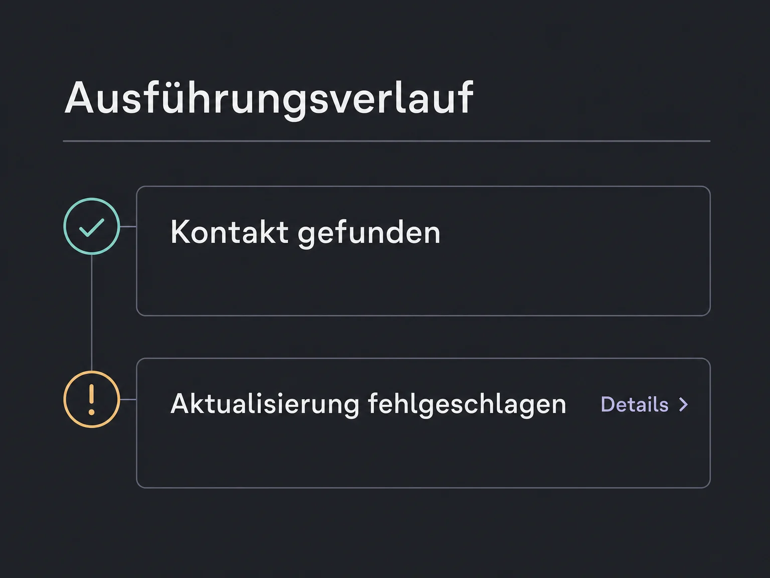 Der Beispiel-Ausführungsverlauf zeigt einen gefundenen Kontakt und eine fehlgeschlagene Aktualisierung.