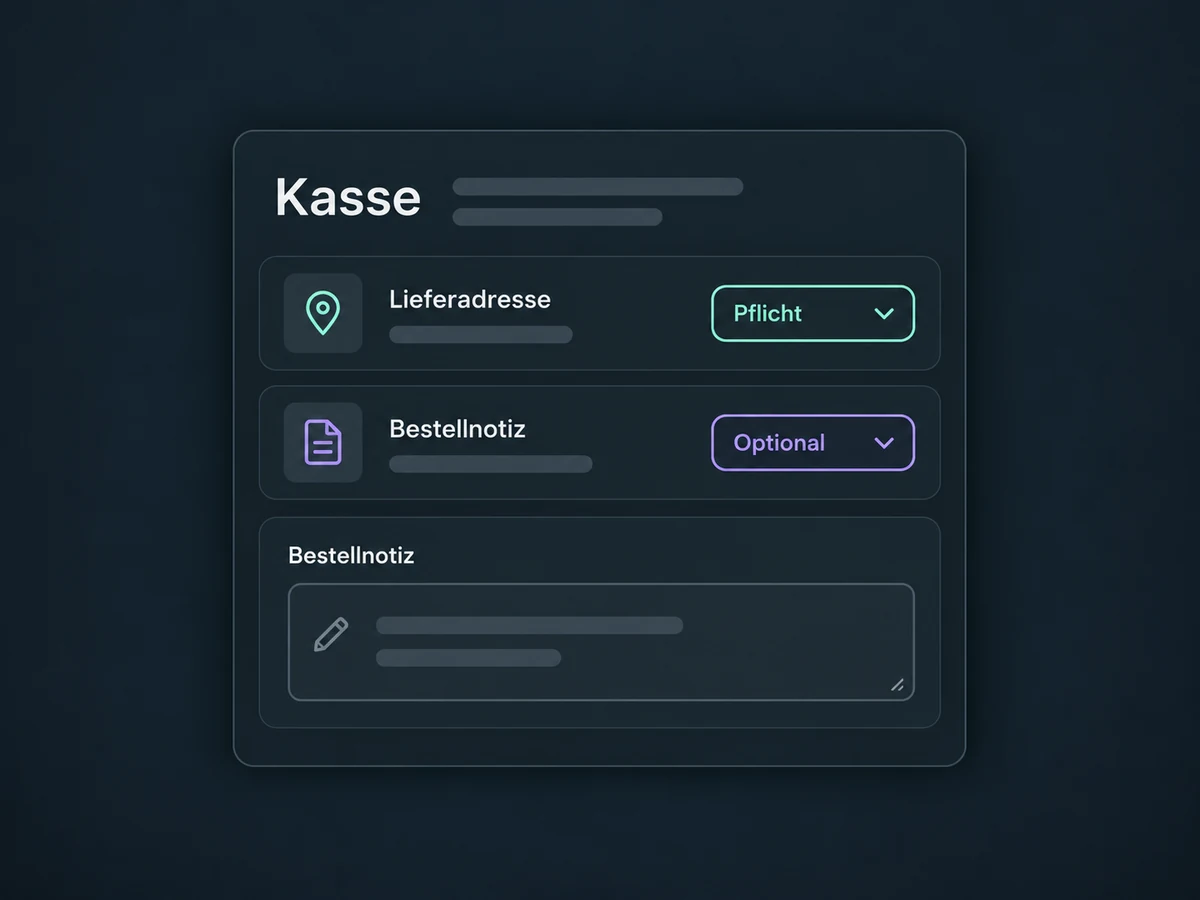 Die Kasse unterscheidet eine erforderliche Lieferadresse von einer optionalen Bestellnotiz.