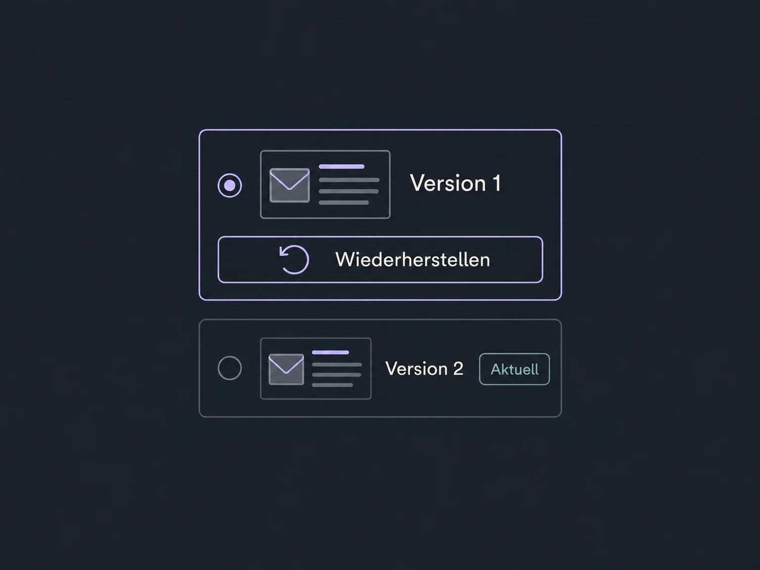 Zwei gespeicherte E-Mail-Stände werden gezeigt; die ältere Version ist zum Wiederherstellen ausgewählt.