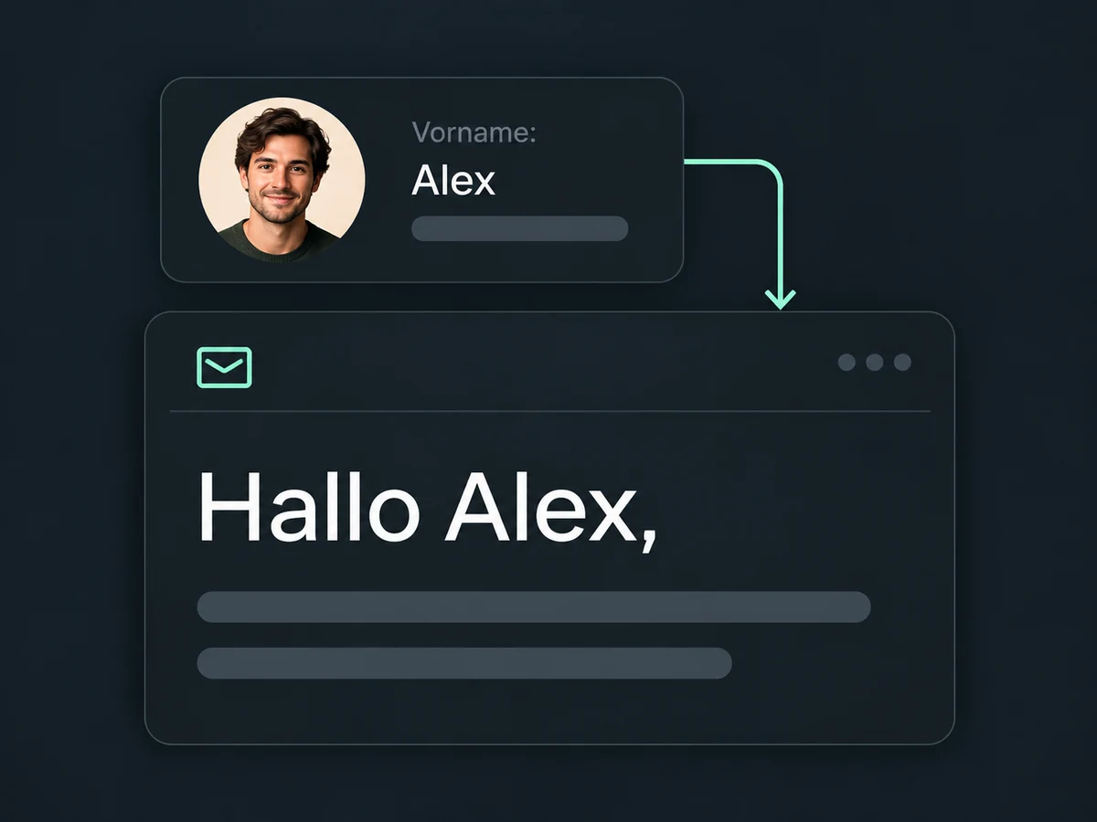 Der gespeicherte Vorname Alex wird in die persönliche Anrede der E-Mail übernommen.