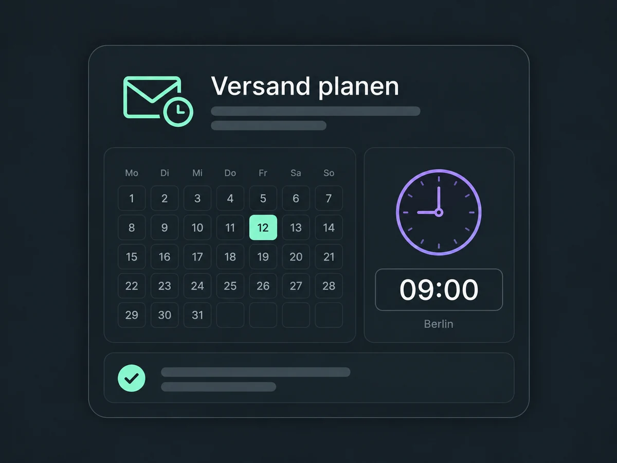 Ein Kalender und eine Uhr zeigen den vorbereiteten Versand um 09:00 Uhr in der Zeitzone Berlin.