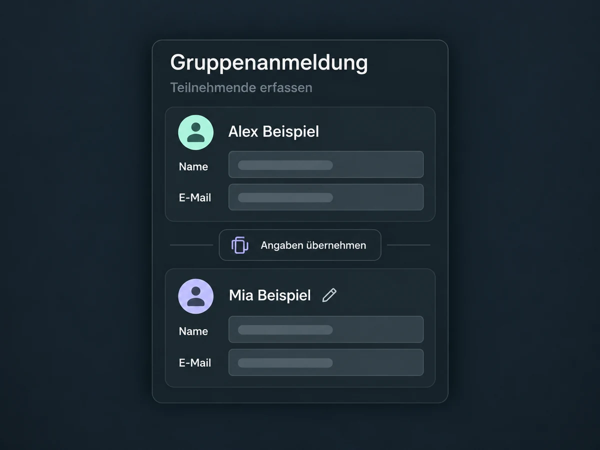 Angaben einer Gruppenanmeldung werden übernommen und für den nächsten Beispielgast angepasst.