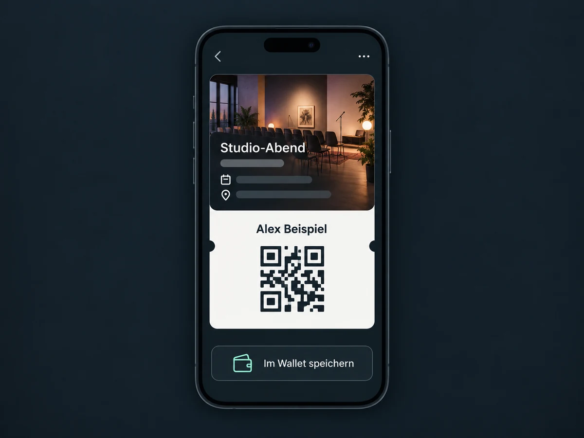 Ein vollständig sichtbares Smartphone zeigt ein Eventticket mit Beispiel-Check-in-Code und Wallet-Aktion.