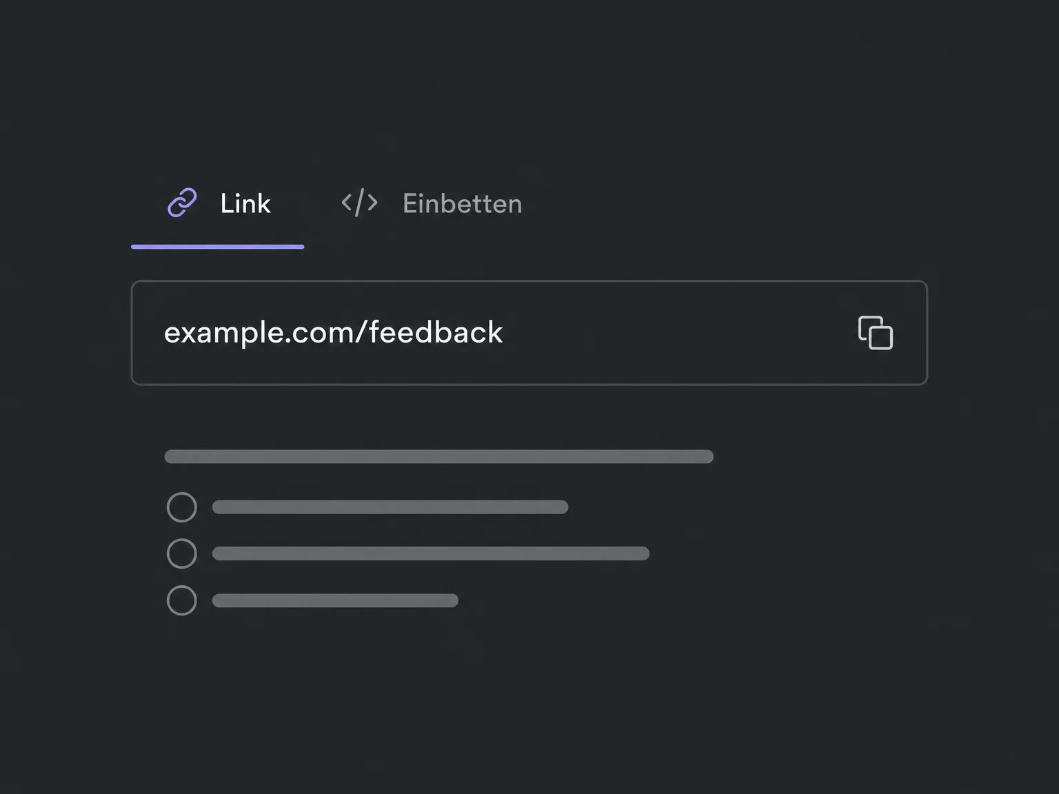 Ein Freigabedialog bietet Umfrage-Link und Einbettung als getrennte Optionen.