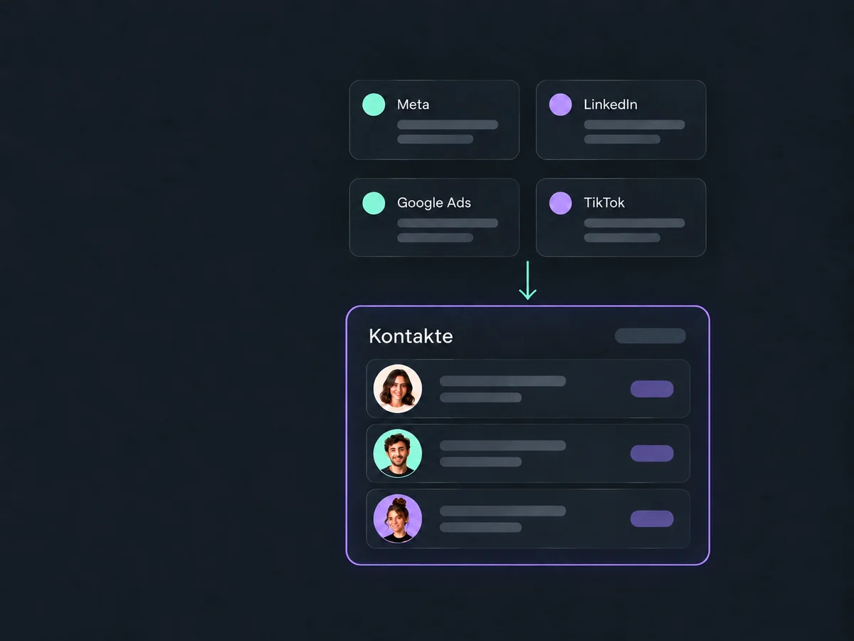 Lead-Formulare aus Meta, LinkedIn, Google Ads und TikTok führen in eine gemeinsame Kontaktliste.