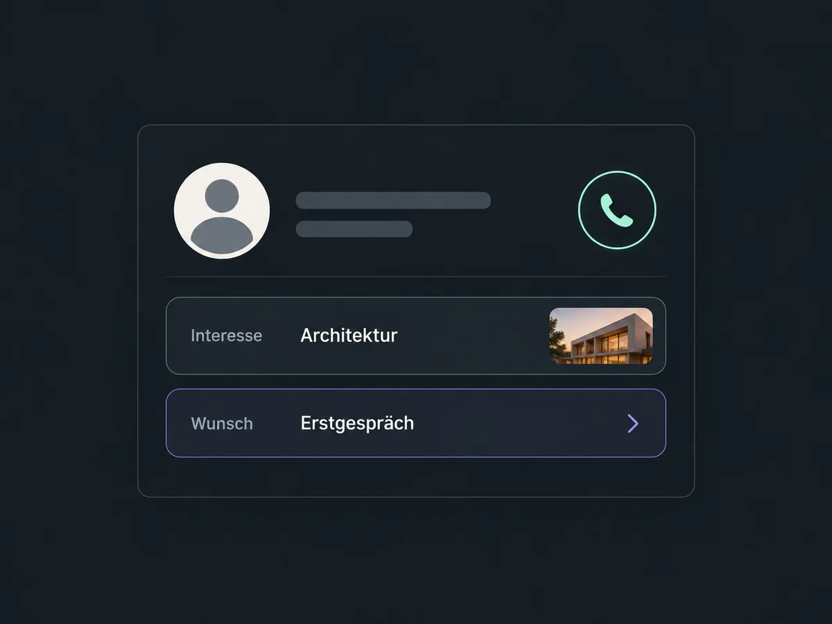 Die Kontaktansicht zeigt Interesse und Gesprächswunsch aus den Formularantworten vor dem Rückruf.