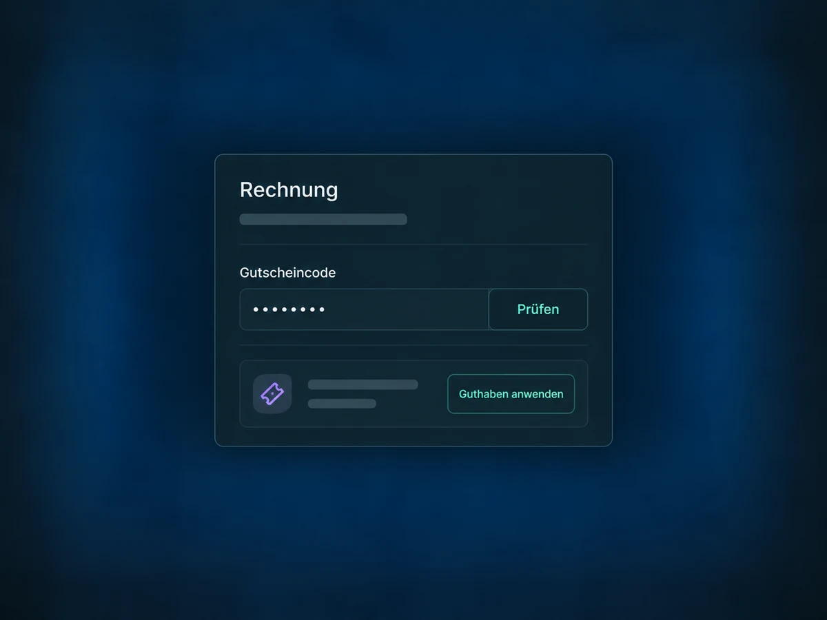 Ein maskierter Gutscheincode wird für eine unterstützte Rechnungszahlung geprüft und angewendet.
