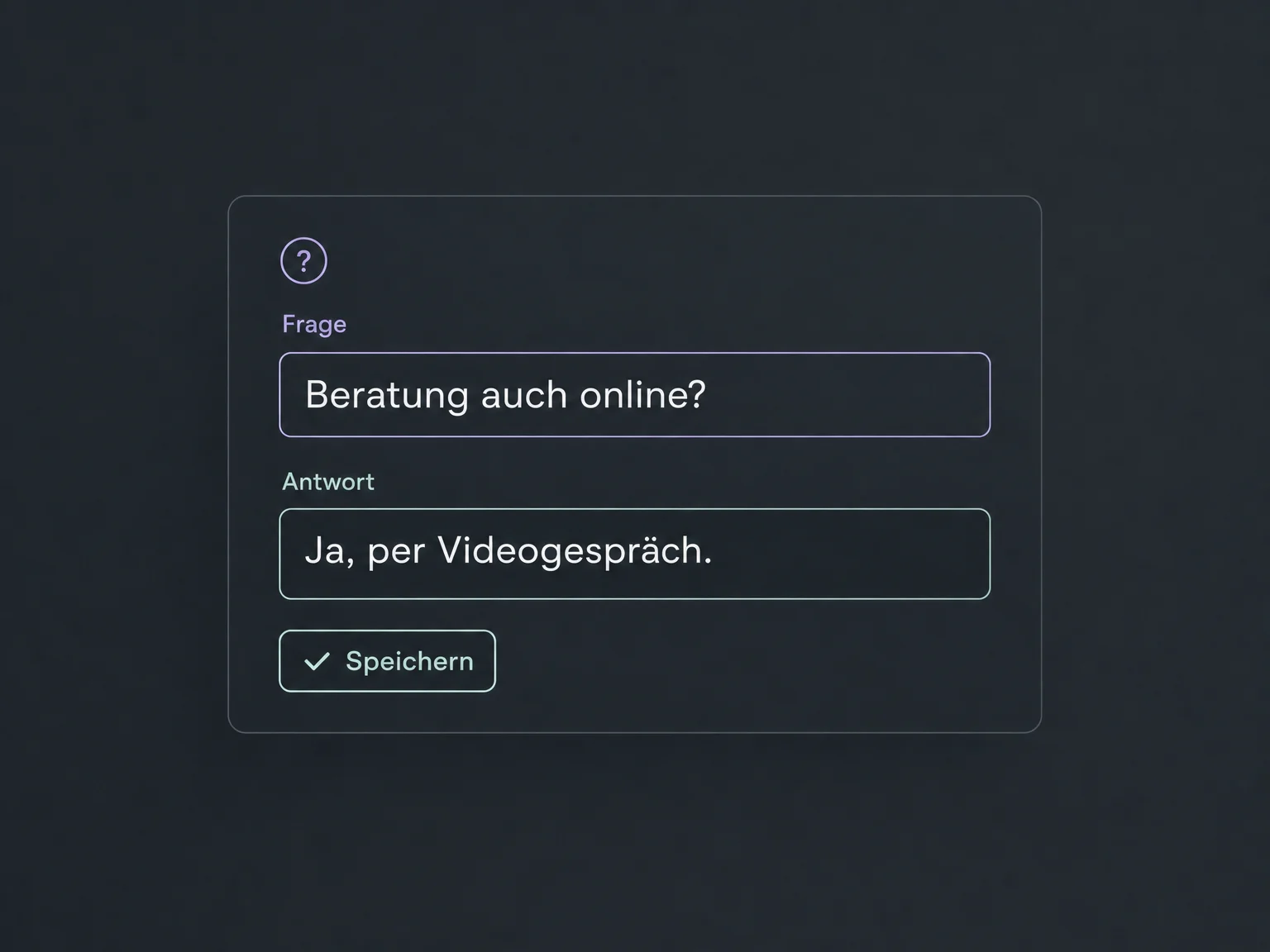 Eine konkrete FAQ zur Online-Beratung wird als Frage und Antwort gespeichert.