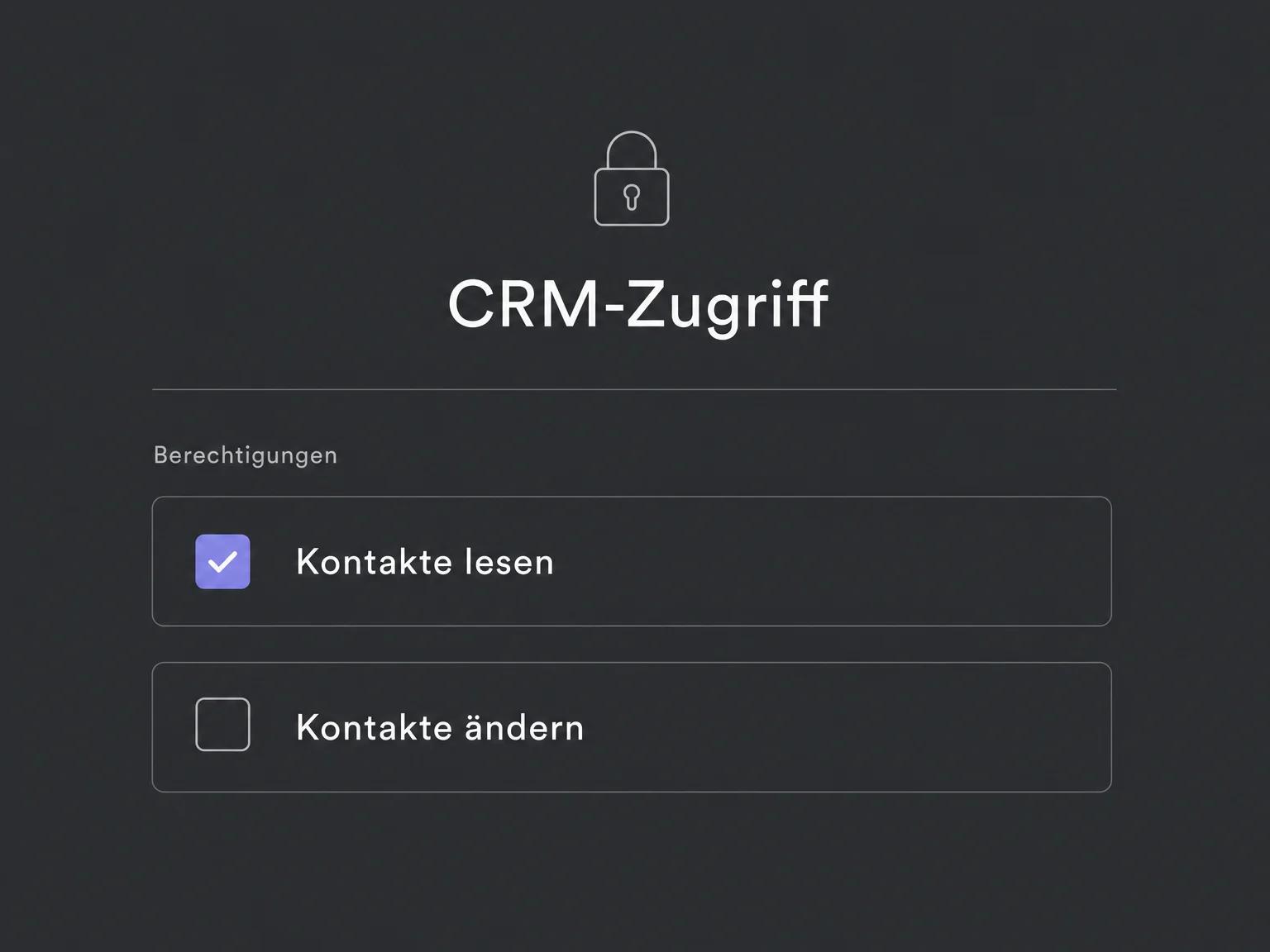 In den CRM-Berechtigungen ist Kontakte lesen ausgewählt; Kontakte ändern ist nicht freigegeben.