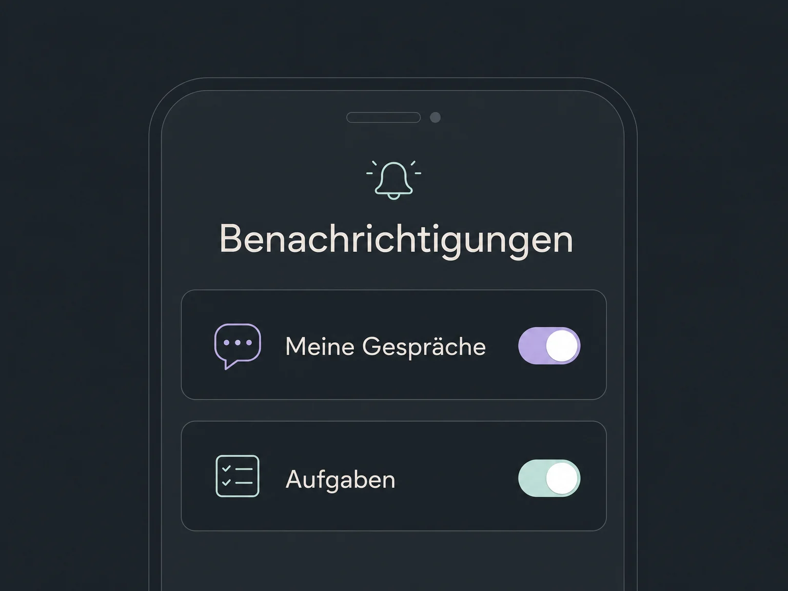 Mobile Benachrichtigungseinstellungen zeigen aktivierte Hinweise für eigene Gespräche und Aufgaben.