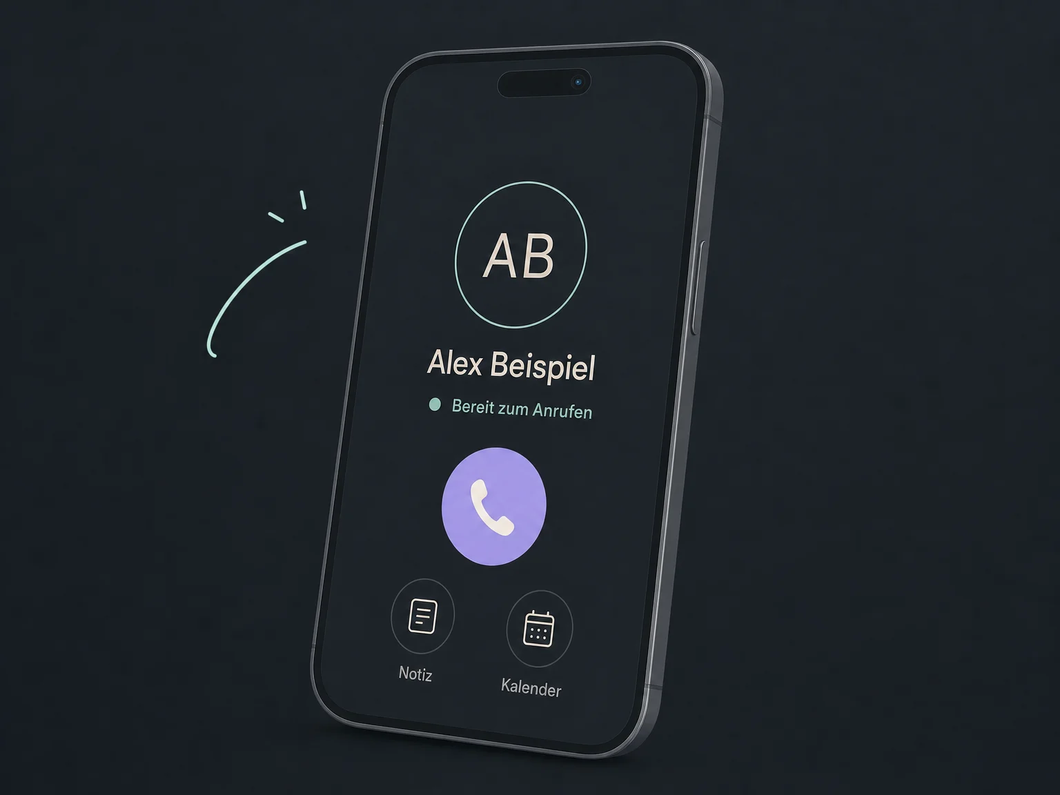 Ein Smartphone zeigt Alex Beispiels Kontakt und die Schaltfläche zum Starten eines Anrufs, noch ohne laufendes Gespräch.