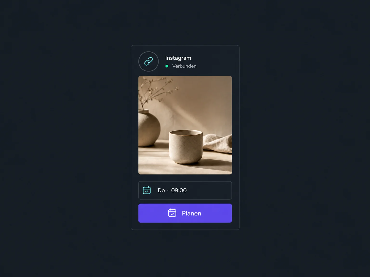 Ein verbundenes Instagram-Profil und ein bebilderter Beitrag mit Termin und Planen-Button.