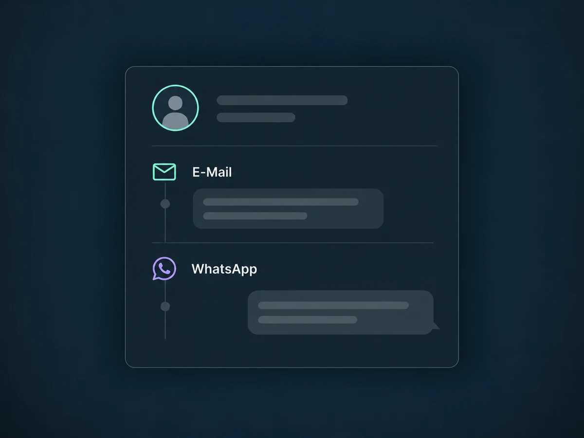 Frühere E-Mail- und WhatsApp-Nachrichten bleiben im Verlauf desselben Kontakts sichtbar.