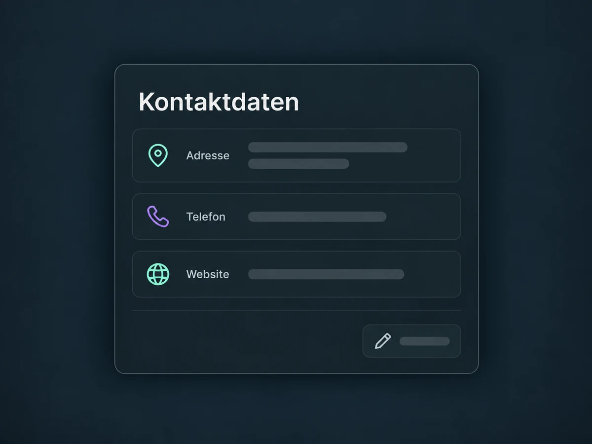 Adresse, Telefon und Website stehen gemeinsam im bearbeitbaren Standortprofil.