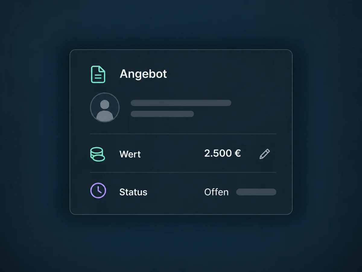 Ein offenes Angebot zeigt einen bearbeitbaren möglichen Auftragswert von 2.500 Euro.