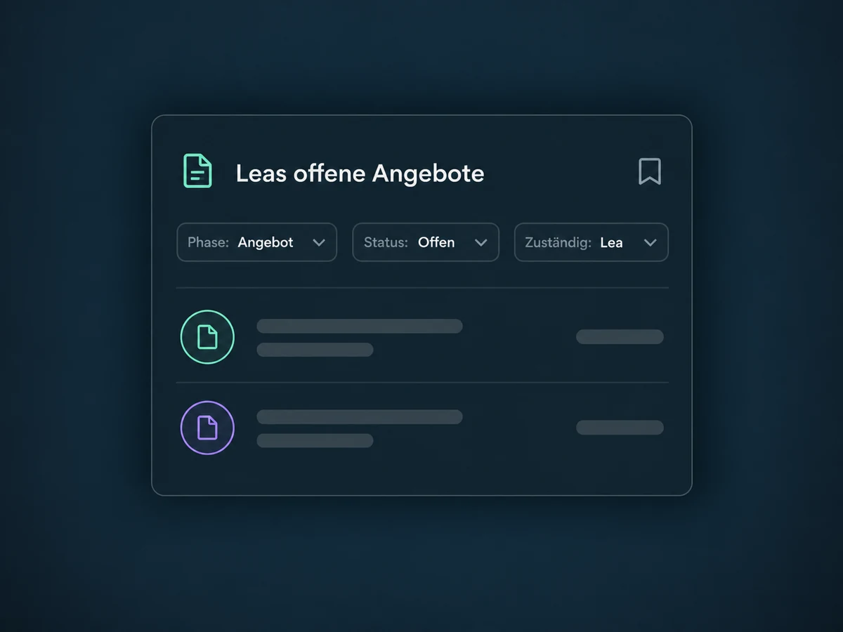 Eine gespeicherte Ansicht zeigt Leas offene Angebote mit Filtern für Phase, Status und Zuständigkeit.