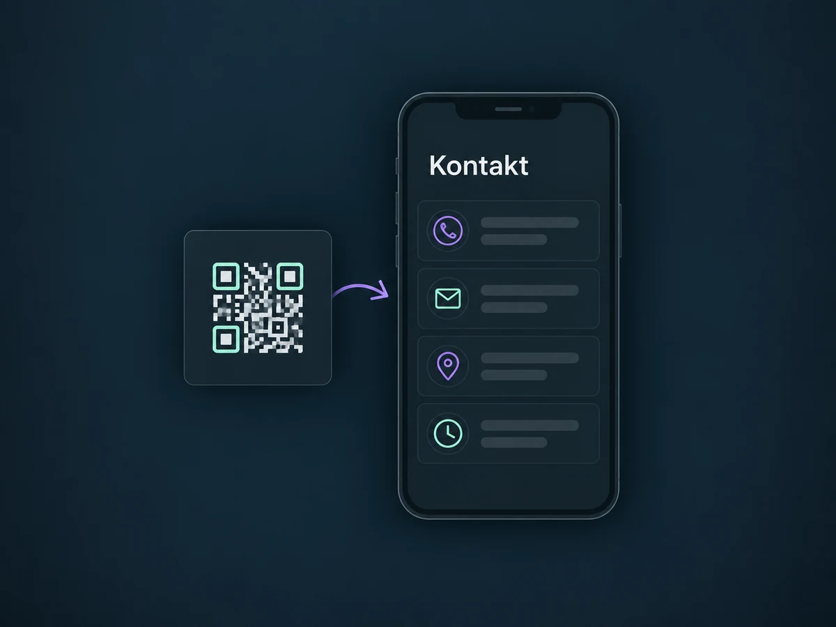 Ein QR-Muster führt zu einer mobilen Visitenkarte mit Kontaktwegen und Öffnungszeiten.