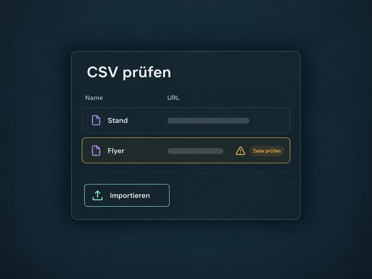 Eine CSV-Vorschau zeigt Namen und Zieladressen sowie eine vor dem Import zu prüfende Zeile.