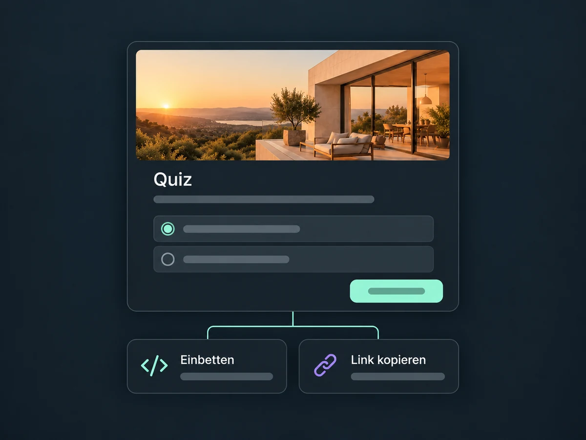 Ein Quiz erscheint auf einer Website und bietet die Aktionen Einbetten und Link kopieren.